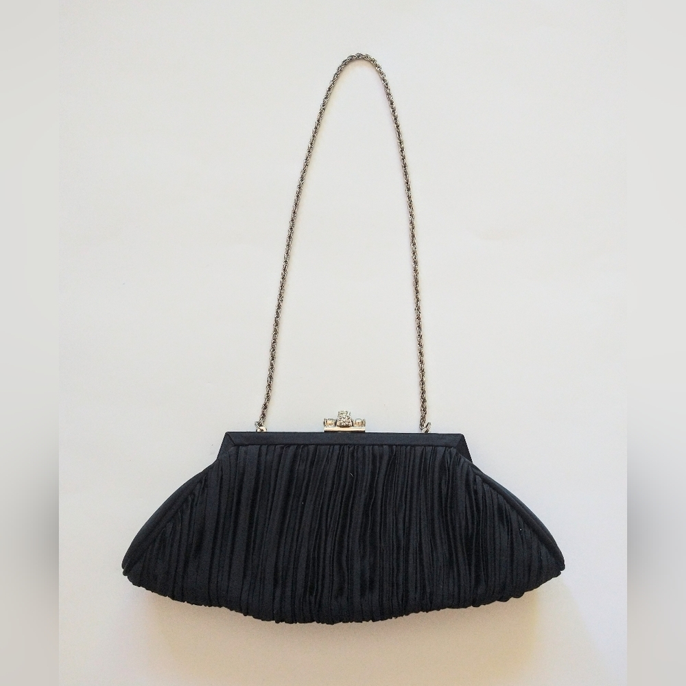 White House Black Market Women's Clutch Purse Silver Chain Rhinestone Kiss Lock